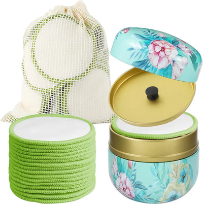 Bamboo makeup remover pads set with mesh laundry bag and floral metal tin.